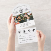 Black White Floral Ampersand Photo Wedding All In One Uitnodiging (Afscheurbaar)