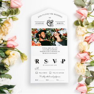 Black White Floral Ampersand Photo Wedding All In One Uitnodiging