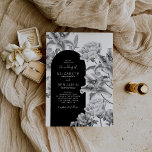 Black White Floral Arch Wedding Invitation Kaart<br><div class="desc">Flora zwarte & witte trouwuitnodigingen met een eenvoudige witte achtergrond,  elegante grayscale tuinbloemen,  en een moderne bruiloft sjabloon die gemakkelijk kan worden gepersonaliseerd.</div>