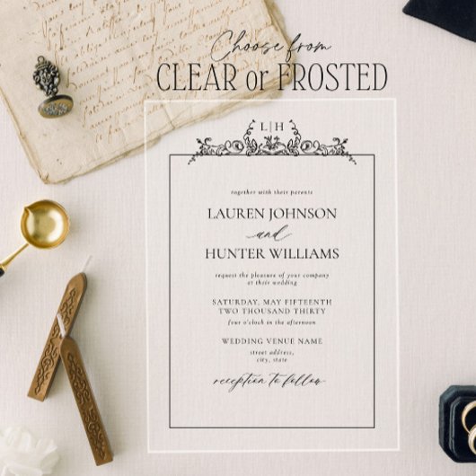 Black White Floral Border Monogram Weddenschap Acryl Uitnodigingen