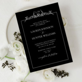 Black White Floral Border Monogram Weddenschap Kaart