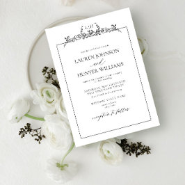 Black White Floral Border Monogram Weddenschap Kaart