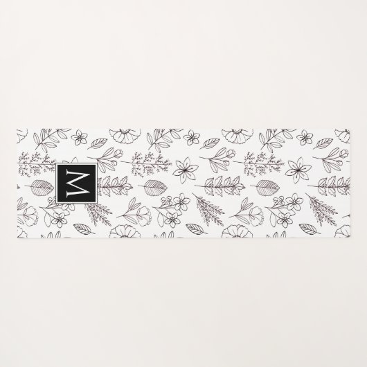 Black White Floral Botanical Monogram Yogamat (Achterkant (horizontaal))
