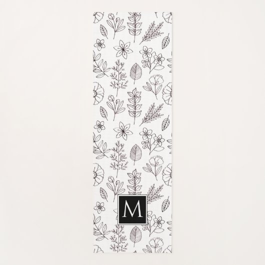 Black White Floral Botanical Monogram Yogamat (Voorkant)