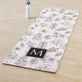 Black White Floral Botanical Monogram Yogamat
