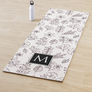 Black White Floral Botanical Monogram Yogamat