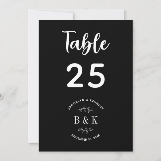 Black White Floral Botanical Wedtable Number (Voorkant)
