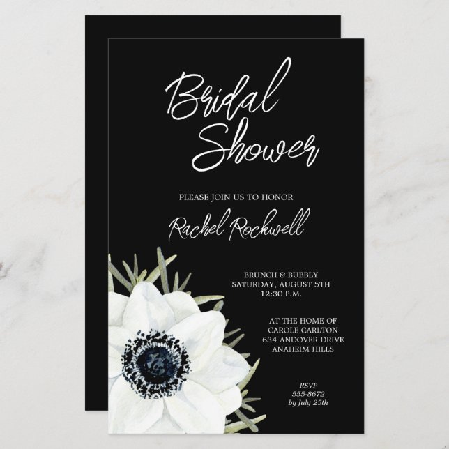 Black White Floral Bridal Shower-uitnodigingen (Voorkant / Achterkant)