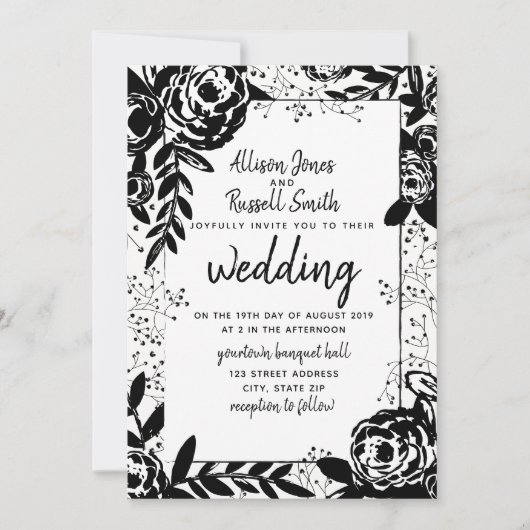 Black + White Floral Calligraphy Wedding Kaart (Voorkant)