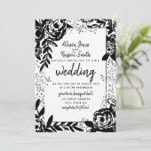 Black + White Floral Calligraphy Wedding Kaart (Staand voorkant)