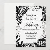 Black + White Floral Calligraphy Wedding Kaart (Voorkant / Achterkant)
