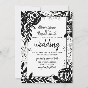 Black + White Floral Calligraphy Wedding Kaart