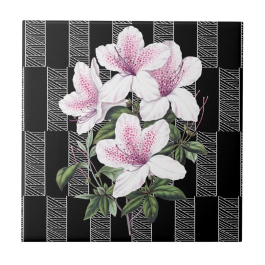  Black White Floral Ceramic Tile Tegeltje (Voorkant)