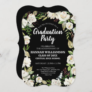 Black White Floral Class of 2021Graduation Party Kaart