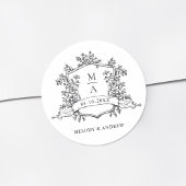 Black & White Floral Crest Monograms Wedding Ronde Sticker