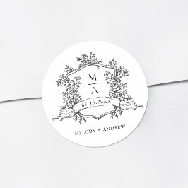 Black & White Floral Crest Monograms Wedding Ronde Sticker