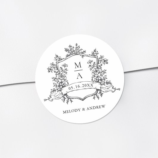 Black & White Floral Crest Monograms Wedding Ronde Sticker