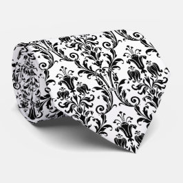 Black White Floral Damask Stropdas