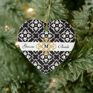 Black & White Floral Damask Wedding Keepslag Keramisch Ornament