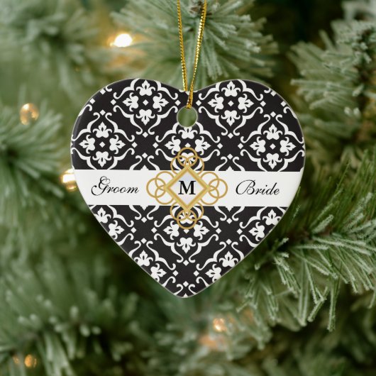 Black & White Floral Damask Wedding Keepslag Keramisch Ornament (Boom)