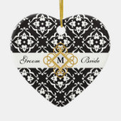 Black & White Floral Damask Wedding Keepslag Keramisch Ornament (Voorkant)