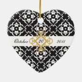 Black & White Floral Damask Wedding Keepslag Keramisch Ornament (Achterkant)