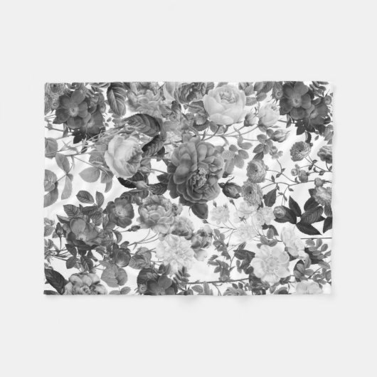 Black White  Floral Fleece Deken (Voorkant (Horizontaal))
