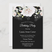Black White Floral Foto Birthday Party Kaart (Voorkant)