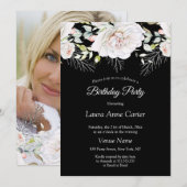 Black White Floral Foto Birthday Party Kaart (Voorkant / Achterkant)
