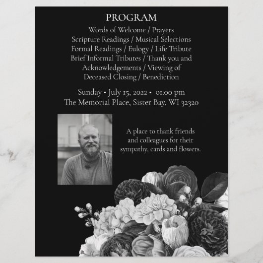 Black & White Floral Funeral Memorial Flyer (Achterkant)