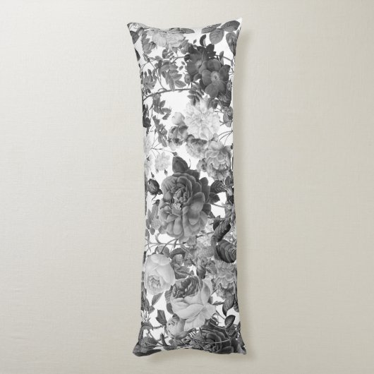 Black White  Floral Lichaamskussen (Achterkant (Verticaal))