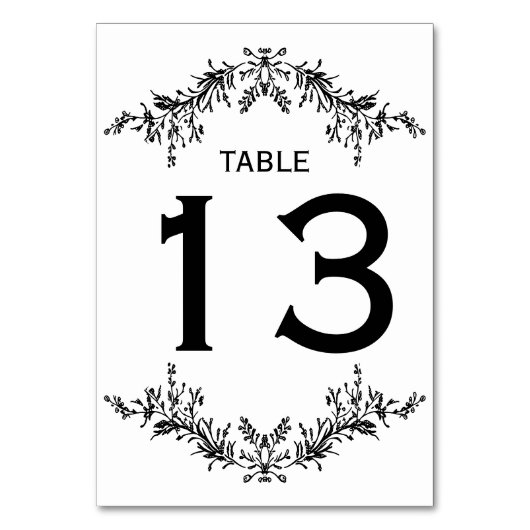 Black White Floral Line Art | Table Number Kaart (Voorkant)
