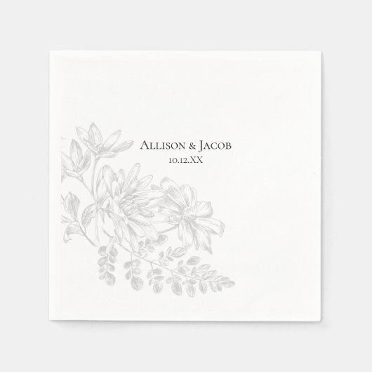 Black White Floral Line Drawing Wedding Napkins Servet (Voorkant)