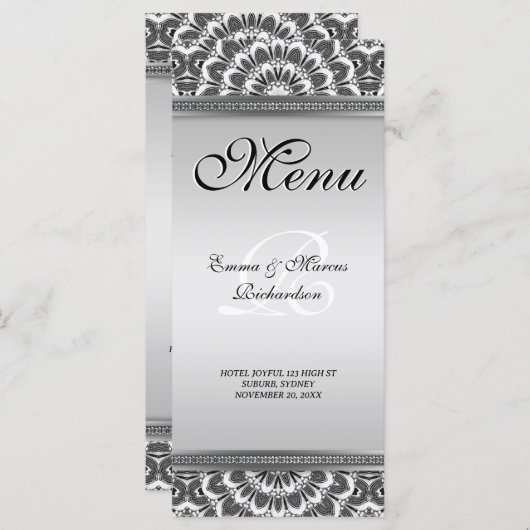 Black White Floral Mandala Wedding Menu Kaart (Voorkant / Achterkant)