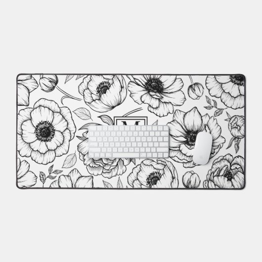 Black White Floral Monogram Bureaumat (Keyboard & Muis)
