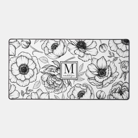 Black White Floral Monogram Bureaumat (Voorkant)