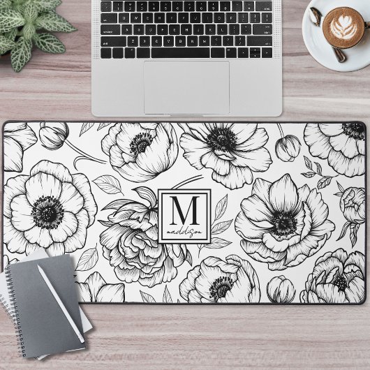 Black White Floral Monogram Bureaumat