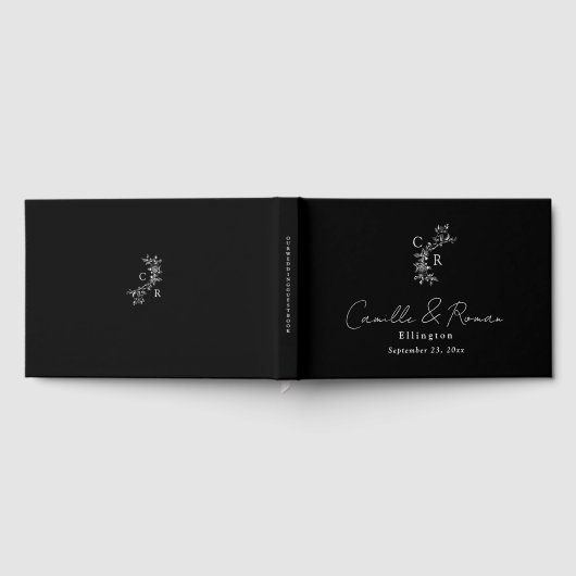 Black/White Floral Monogram Calligraphy Wedding Gastenboek (Volledig)
