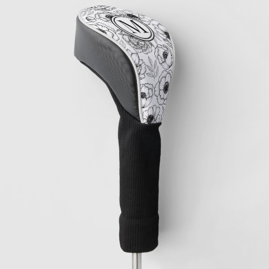 Black White Floral Monogram Golfheadcover (Schuin)