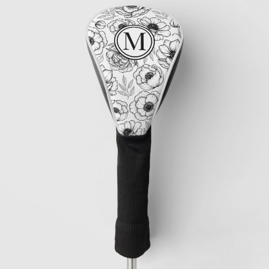 Black White Floral Monogram Golfheadcover (Voorkant)