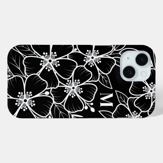 Black White Floral Monogram Initiaal Case-Mate iPhone Case (Achterkant (horizontaal))