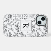 Black White Floral Monogram iPhone 15 Case (Achterkant horizontaal)