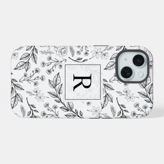 Black White Floral Monogram iPhone 15 Case (Achterkant horizontaal)