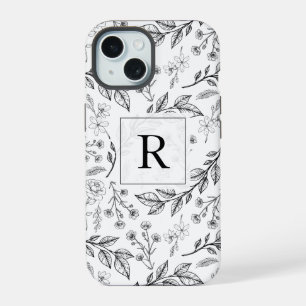 Black White Floral Monogram iPhone 15 Case