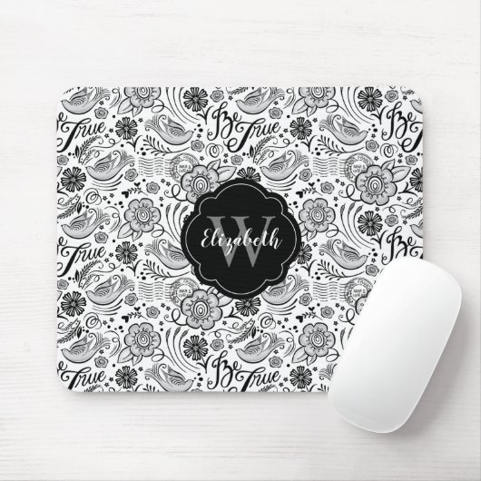 Black White Floral Monogram Muismat (Met muis)