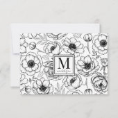 Black White Floral Monogram Notitiekaartje (Voorkant)
