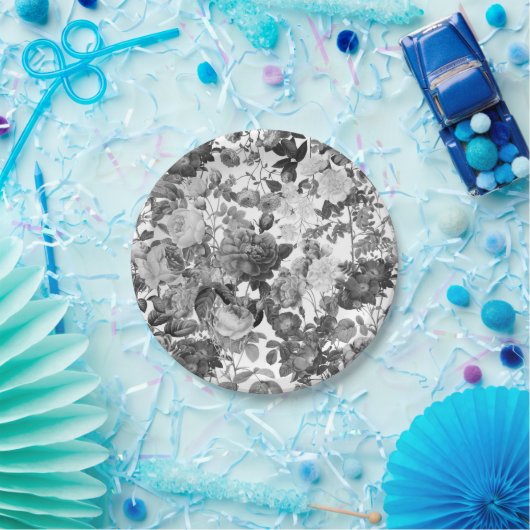 Black White  Floral Papieren Bordje (Feest)