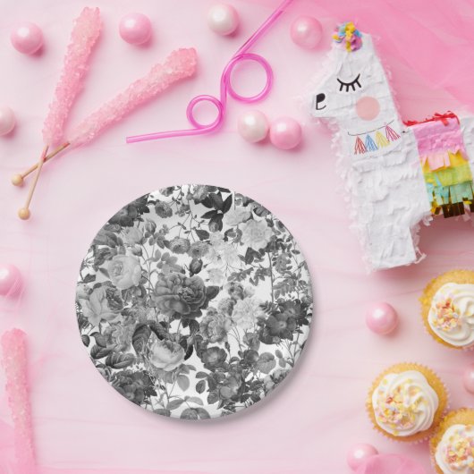 Black White  Floral Papieren Bordje (Feest)