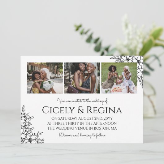 Black White Floral Photo Collage Wedding Kaart (Staand voorkant)