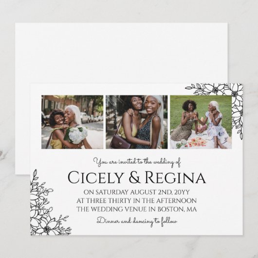 Black White Floral Photo Collage Wedding Kaart (Voorkant / Achterkant)